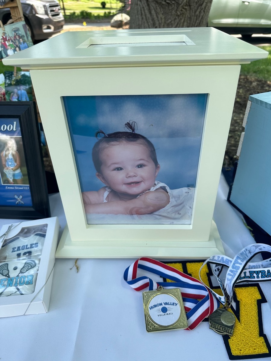 Elegant white rotating card box with an 8x10 photo on the side and a drop slot on top